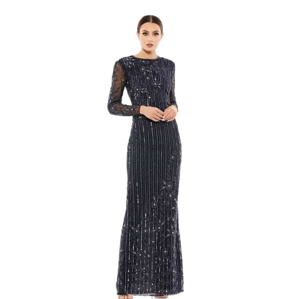 Mac Duggal 93626 Sequin Fully Embellished Full Sleeve Column Dress Midnight 8